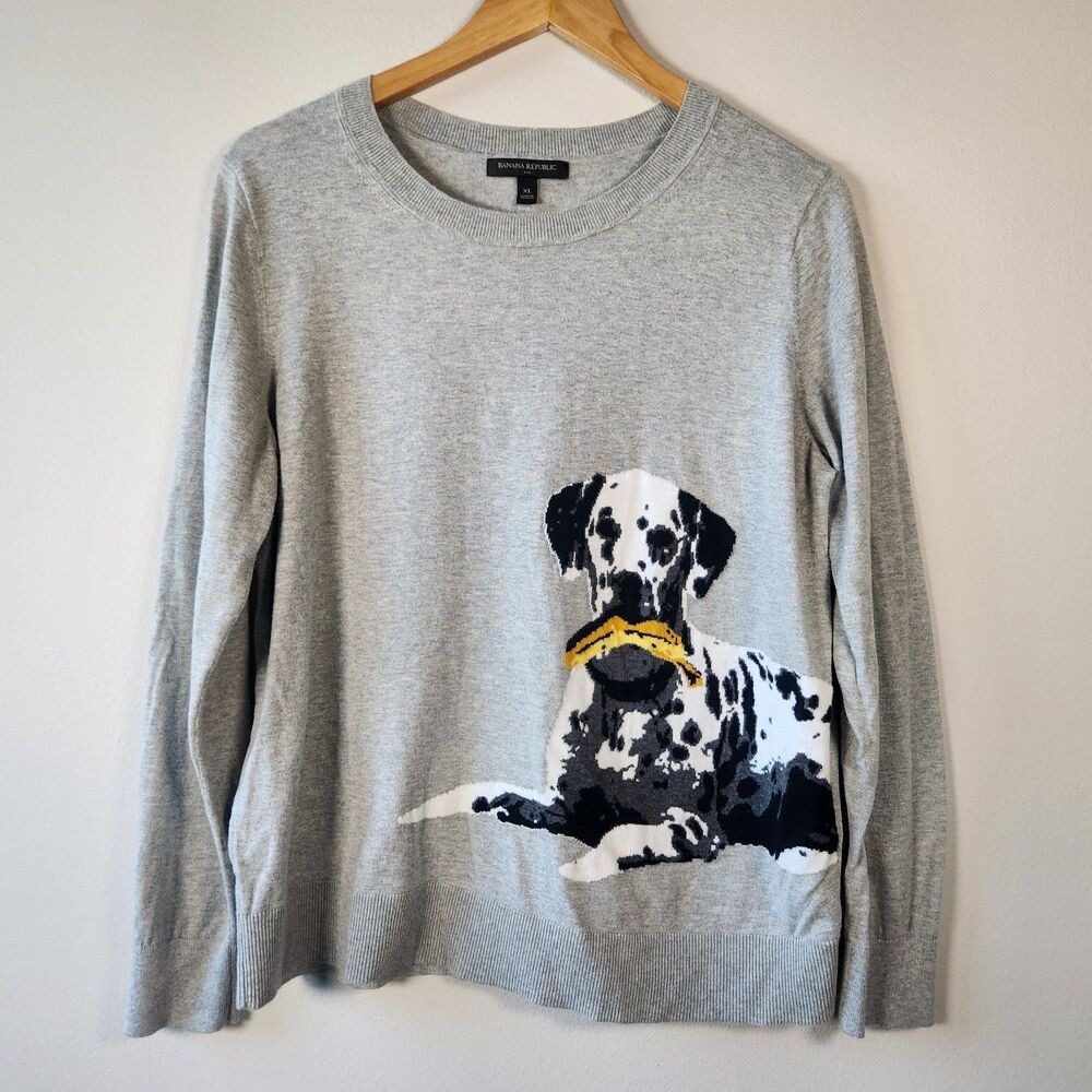 Banana Republic Sweater Womens XL Gray Dalmation Dog Graphic Crewneck Knit